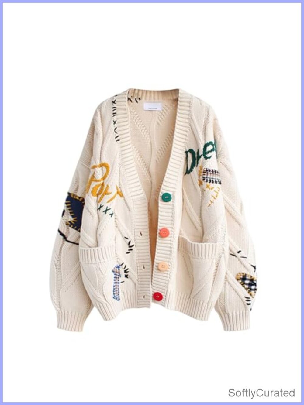 Cable Knit Long Sleeve Open Front Cardigan Sheep V-Neck Button Down Embroidery